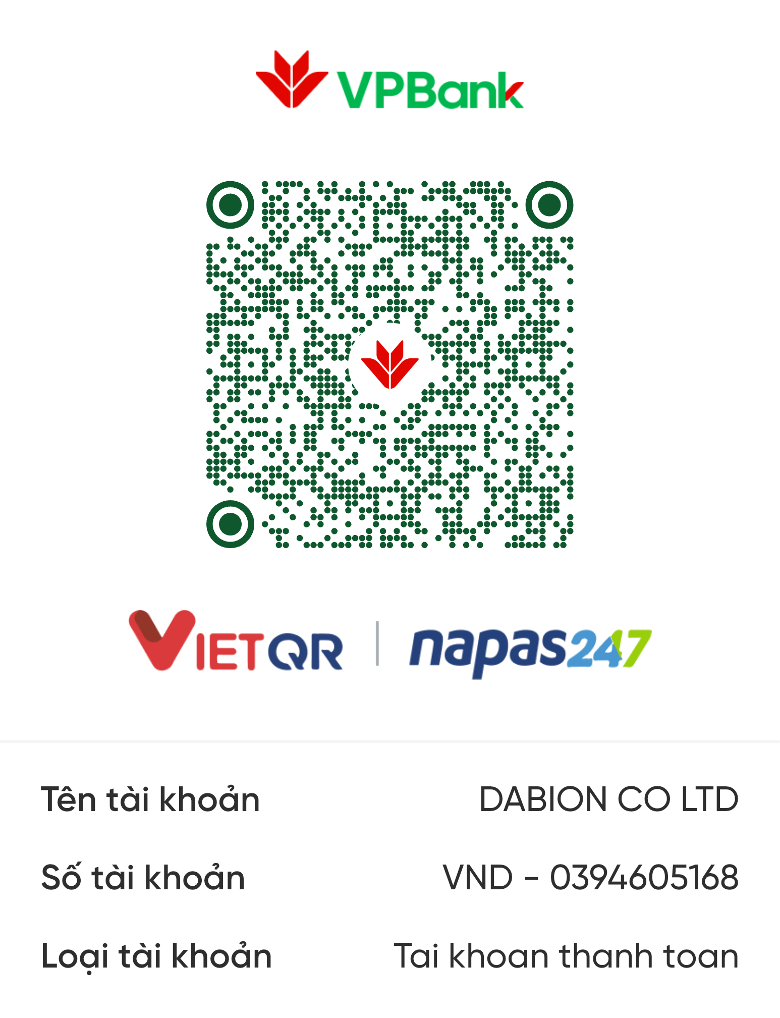 VietQR VPBank của DABION CO LTD, số tài khoản 0394605168